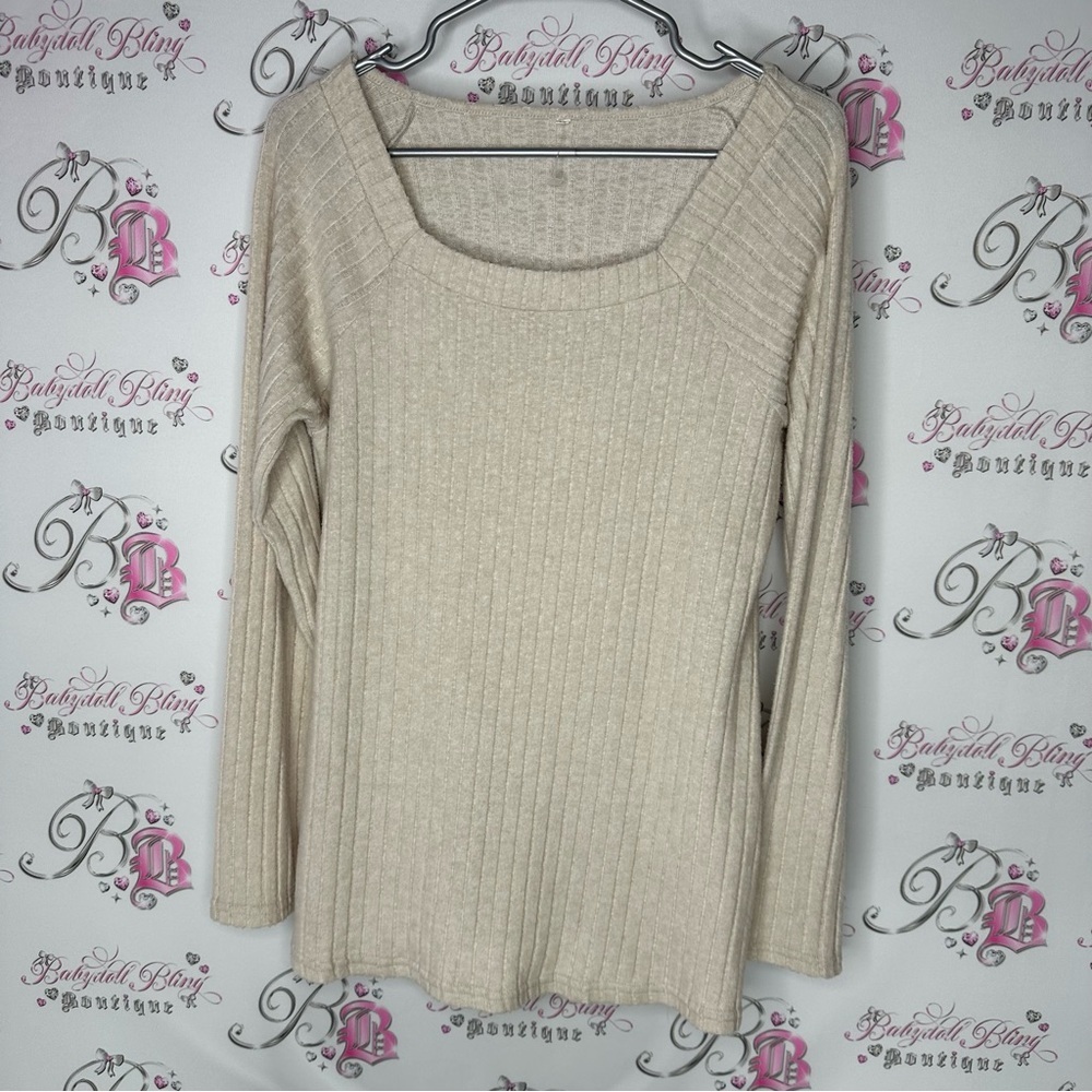 Long sleeve top stretchy tan cream soft teddy ribbed fabric size medium